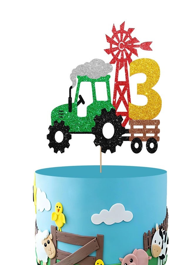 SUPERLUBY Tractor 3rd Birthday Cake Topper, Tractor Three Cake Topper for Boy, Farm Truck 3 Years Old Birthday Cake Decor, Farm Barnyard Themed 3rd Anniversary Party Decoration - Green Glitter - Image 1
